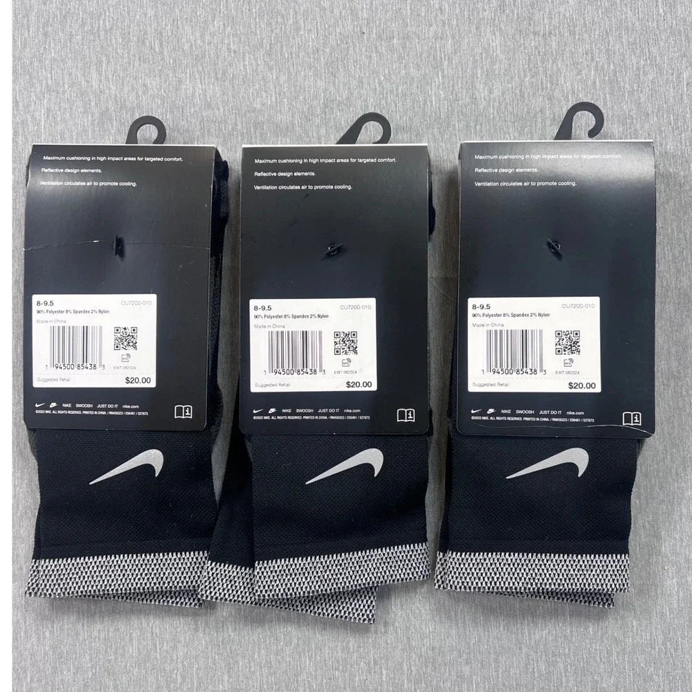 3 Pair Nike Spark Running Cushioned Crew Socks Black Gray Men 8-9.5 Women 9.5-11